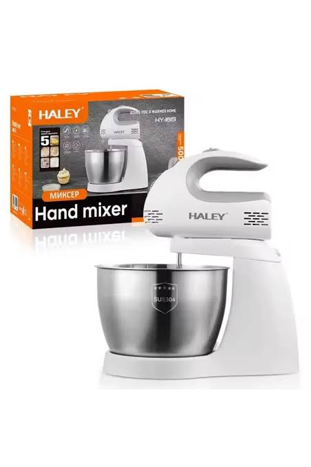 Stand mixer base with metal mixing bowl, white body, and beaters attachment