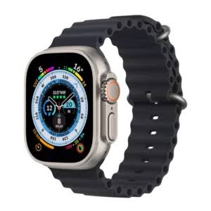 Smart watch with silver case, black silicone band, and colorful dial screen