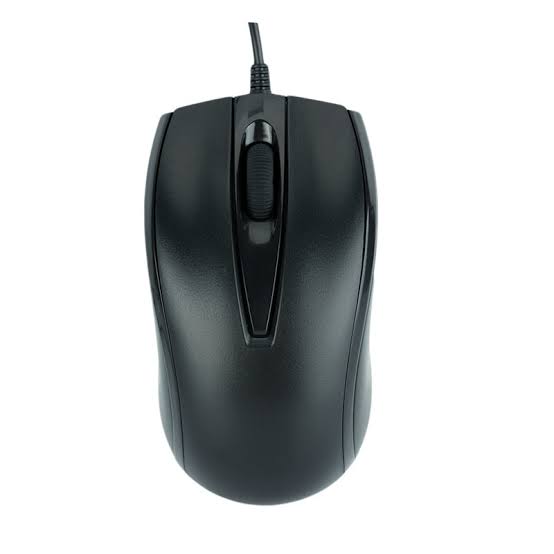 Black wired optical mouse with scroll wheel and symmetrical shape