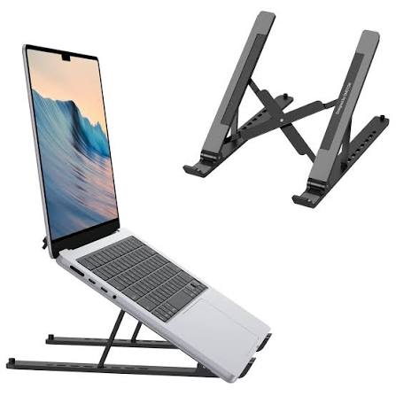 Wisdomup portable laptop stand, adjustable gray legs holding a laptop