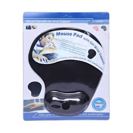 Mouse pad with gel wrist support, black contoured wrist rest, in retail packaging
