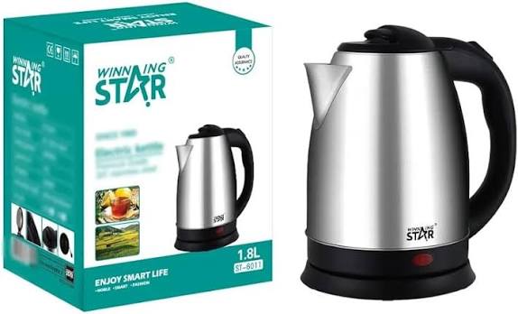 1.8L stainless steel electric kettle with black handle, lid, and base