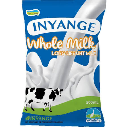 Inyange whole milk UHT pouch, 500 mL, blue-and-white with cow graphics
