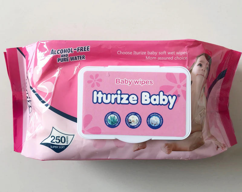 Iturize Baby alcohol-free baby wipe pack, 250-count soft wipes in pink pouch