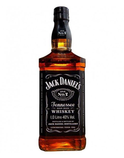 Jack Daniels Tennessee whiskey bottle, 1L, dark glass with amber liquid
