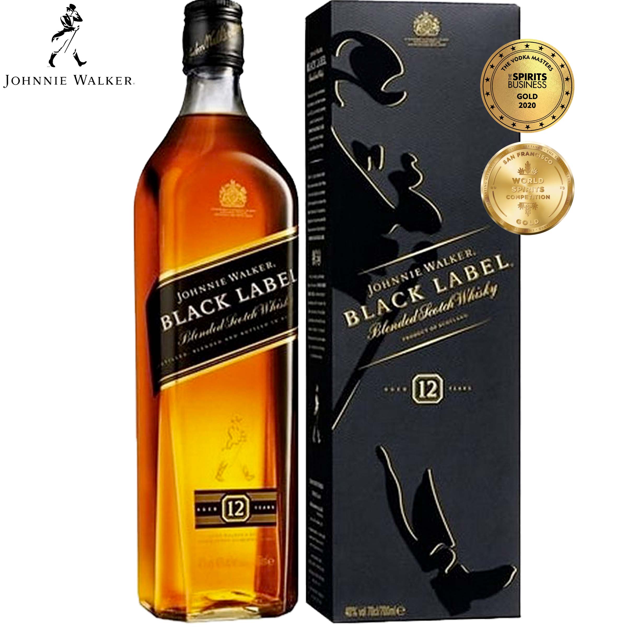 Johnnie Walker Black Label whisky bottle and gift box, amber glass, black label