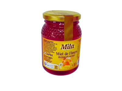 500 g honey jar with amber honey in round glass, purple label and gold lid