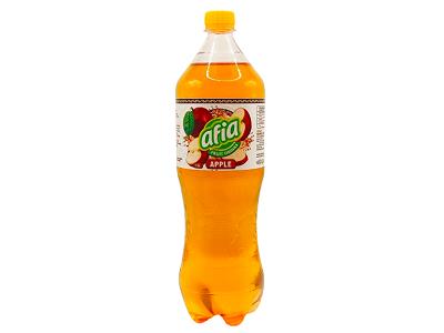 Afia apple fruit drink bottle with yellow cap and orange juice