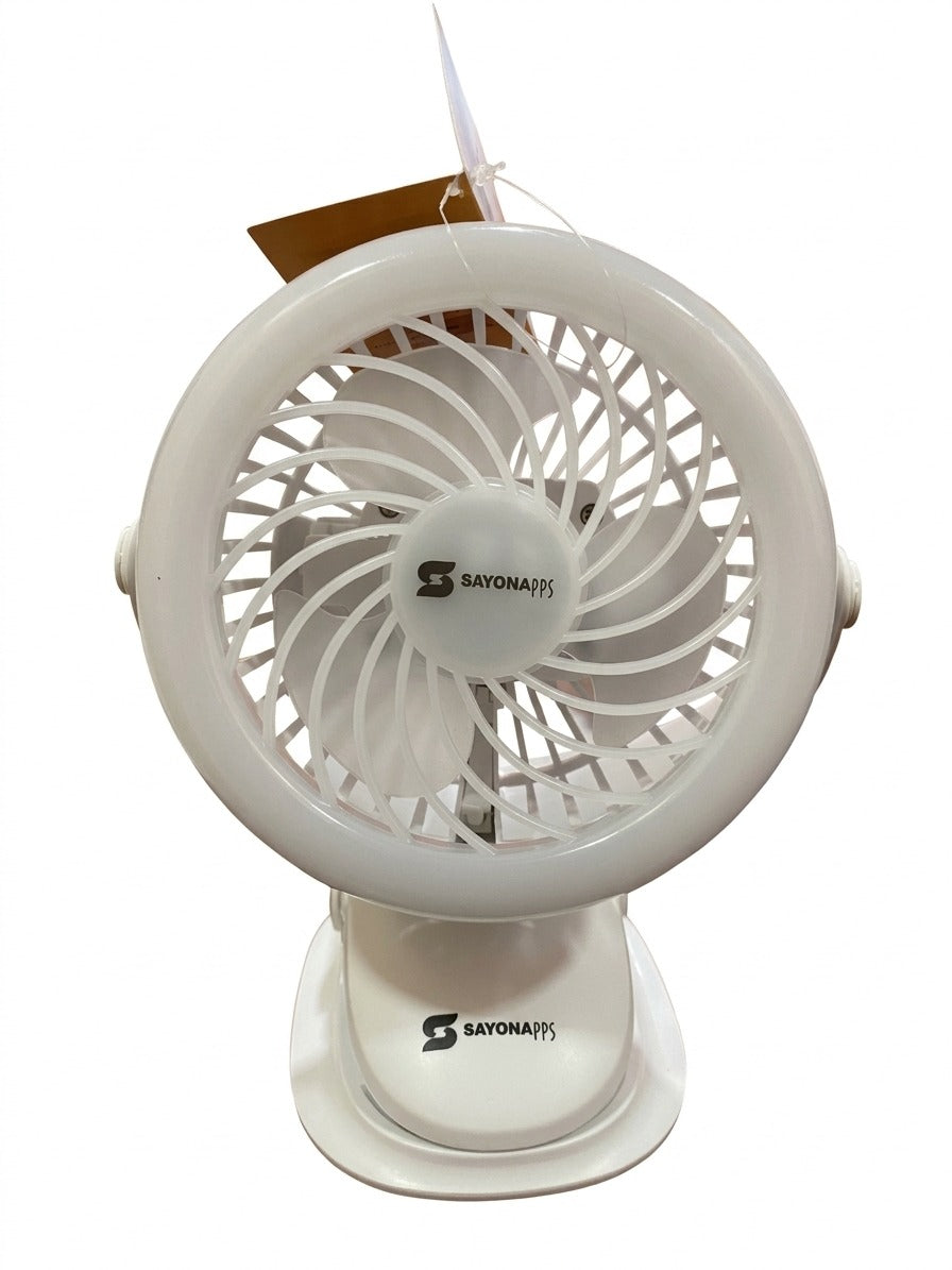 4-inch rechargeable desktop fan in white, circular grille and tilt stand