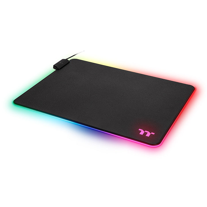 Black rectangular gaming mouse pad with stitched edges and corner logo
