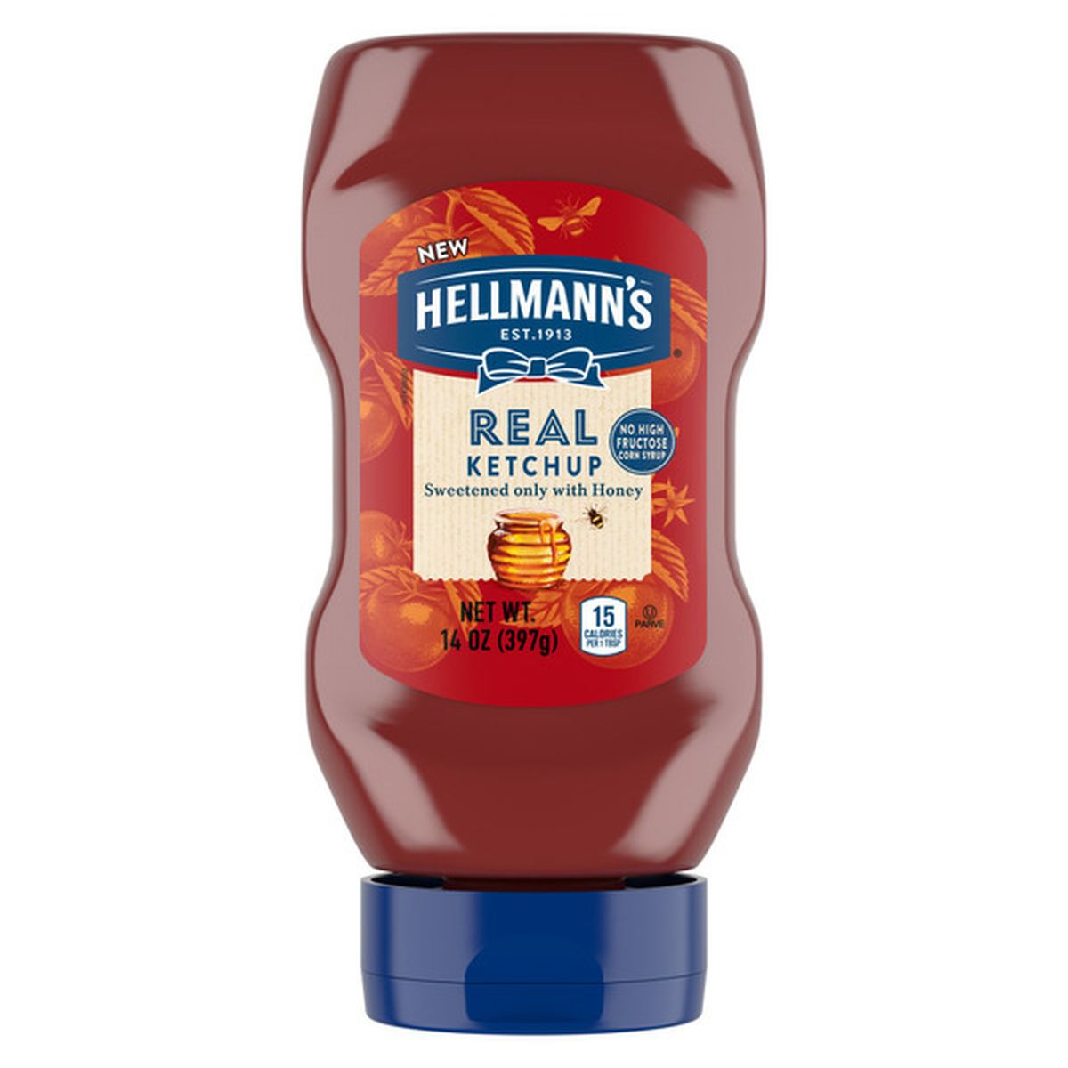 Ketchup bottle with red Hellmann's Real Ketchup label, 14 fl oz (397 g)