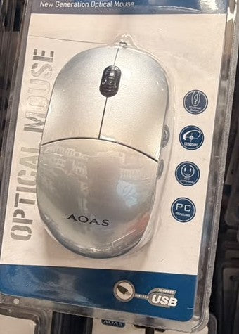 Optical mouse with wired USB cable, white body, and scroll wheel