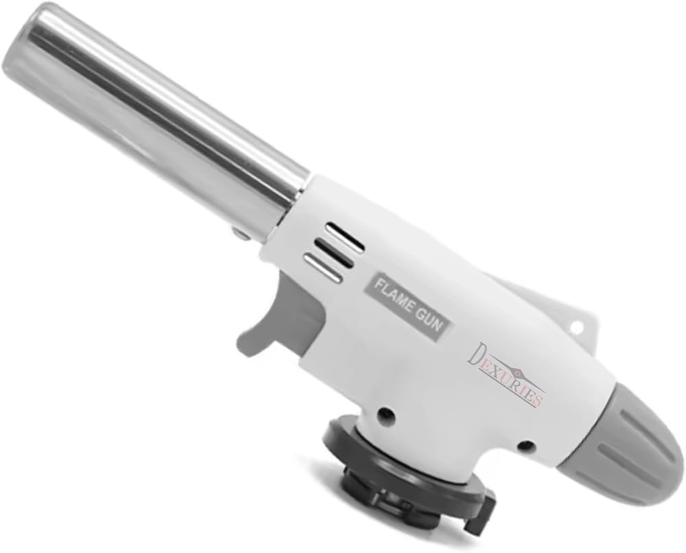 Handheld flame gun with metallic barrel, gray body, black nozzle, side trigger
