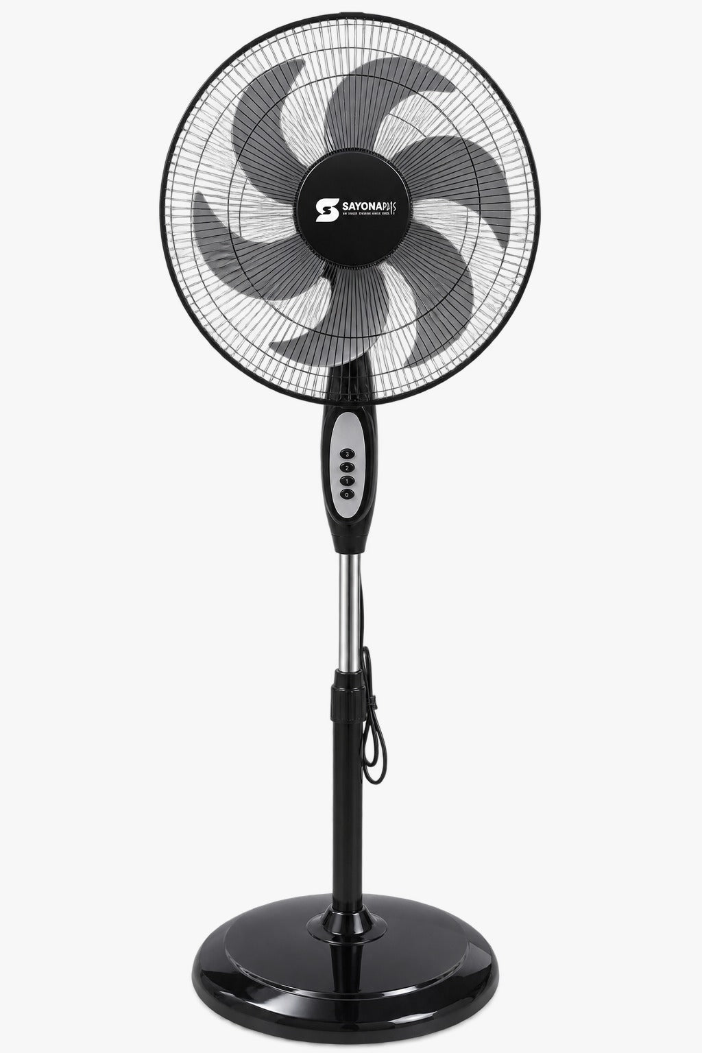 75W stand fan with black grille, pedestal base, and control buttons