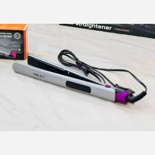 Gray Haley hair straightener with purple plates and power cord