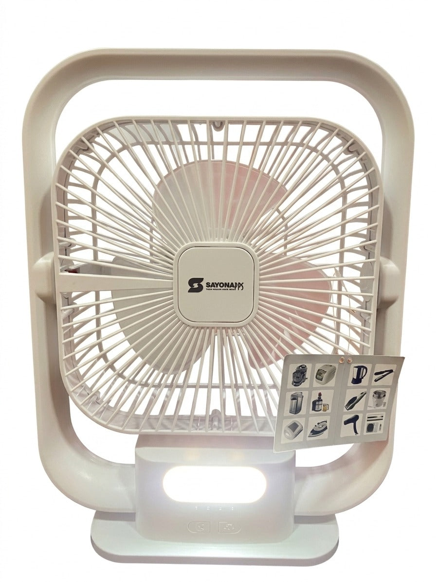 Rechargeable 8-inch desk fan with cream frame, circular grille, and front controls