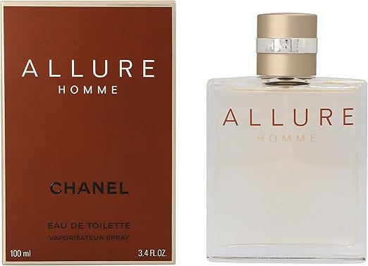 Men's Eau de Toilette spray bottle with beige cap and clear glass body
