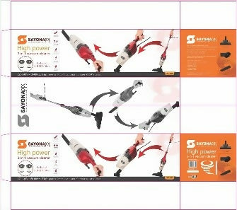 Handheld vacuum cleaner with brush attachments and hose, red and gray body