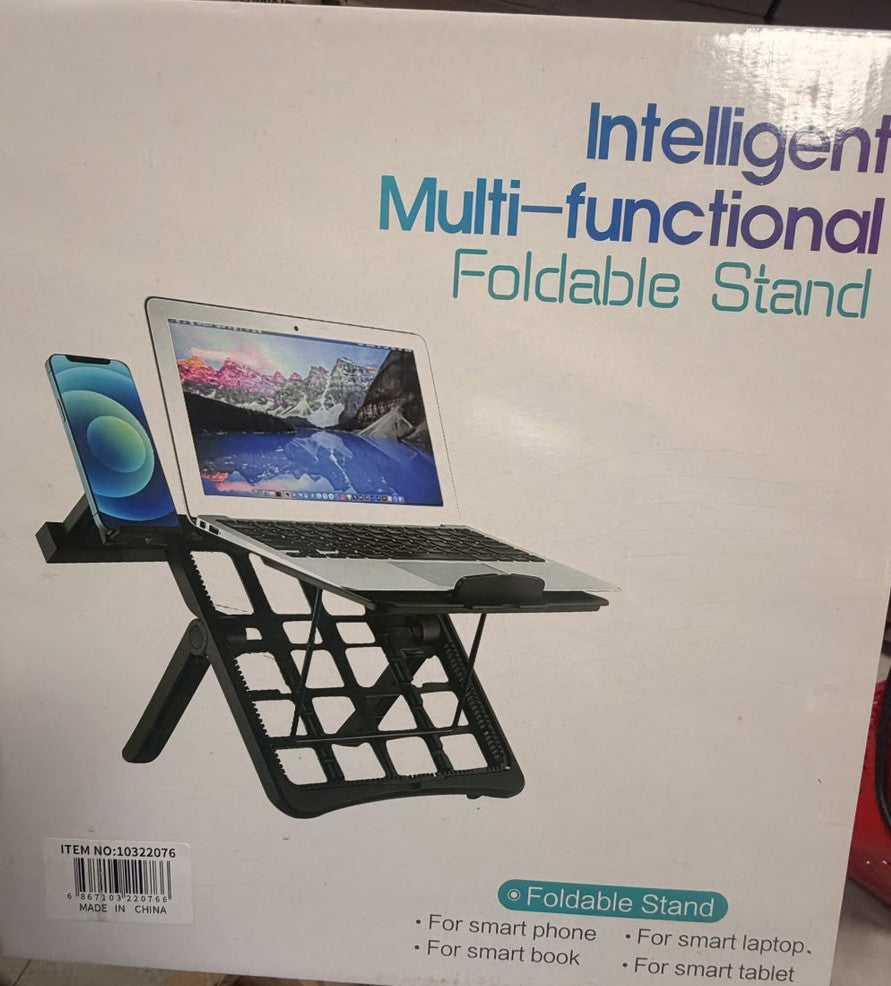 Foldable laptop stand, black, multi-position design shown on packaging