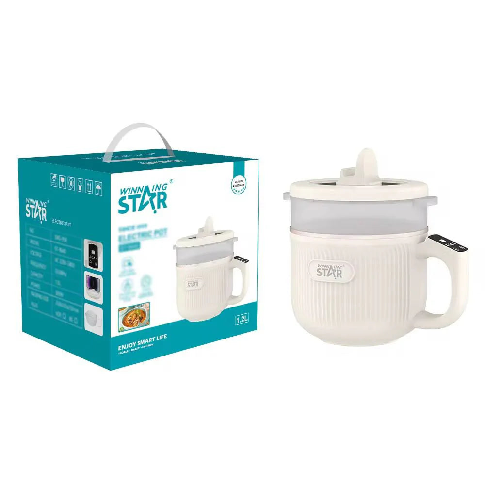 1.2L electric pot with lid, spout, and side handle in white finish