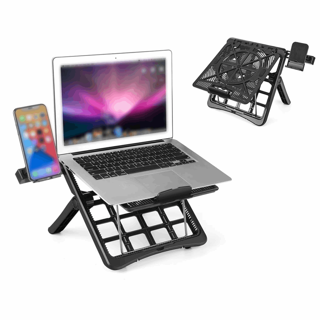Foldable laptop stand with phone holder, black, adjustable viewing angle