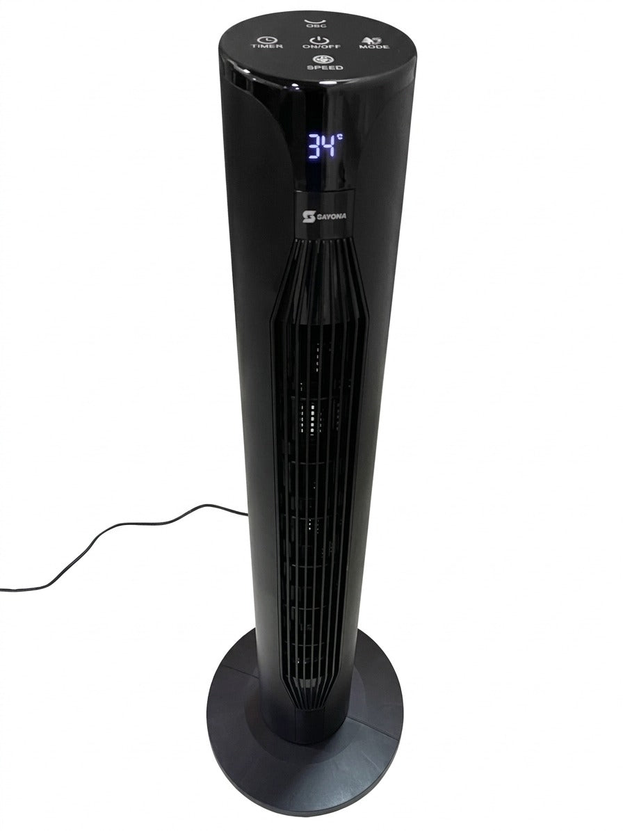 36-inch Sayona tower fan, black with top controls and blue digital temperature display