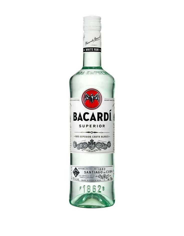 Bacardi Superior white rum bottle, 1L, green glass with white label