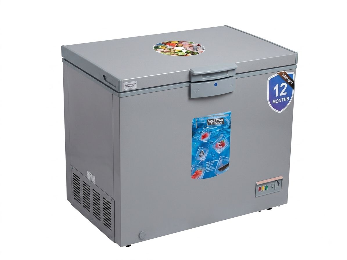 Gray chest freezer with lid latch and 12-month warranty badge