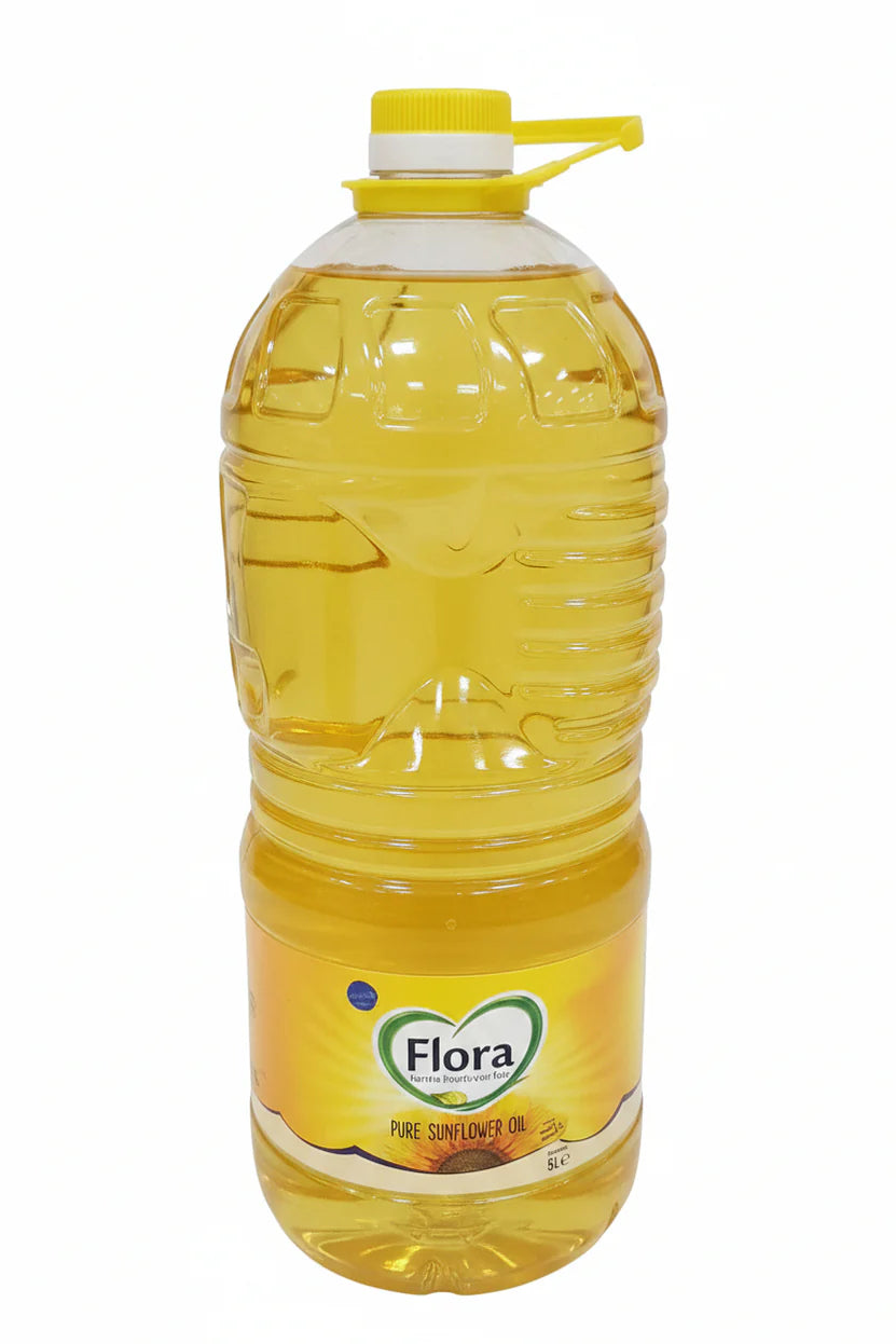 Sunflower oil bottle, amber yellow plastic with yellow cap and Flora label
