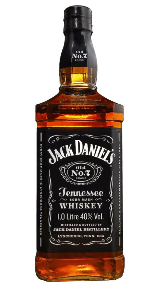 Jack Daniel's Tennessee Whiskey 1L bottle, amber liquid, black label