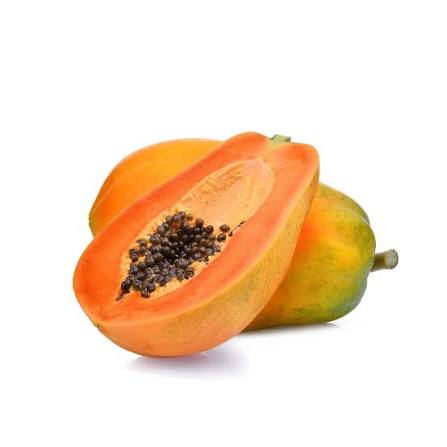 Medium papaya fruit, sliced open with black seeds and green-orange flesh