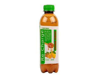 Re-Charge honey lemon ginger juice bottle, 500 ml, green cap, brown label