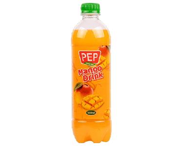 PEP mango drink juice bottle, 500 ml, green cap, orange label