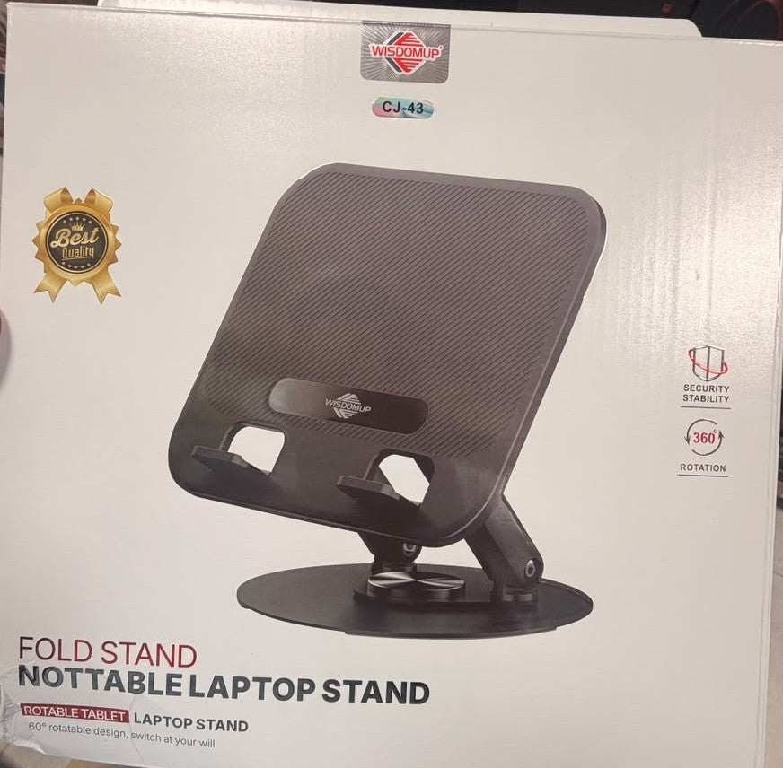 Foldable laptop stand, dark textured support with adjustable tilt base