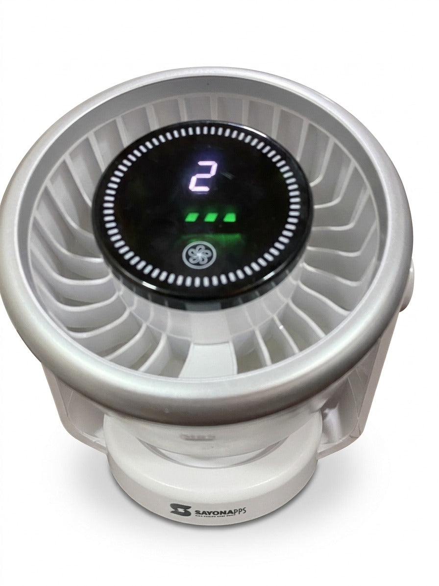 Sayona rechargeable 6-inch fan with round grille and glowing digital speed display
