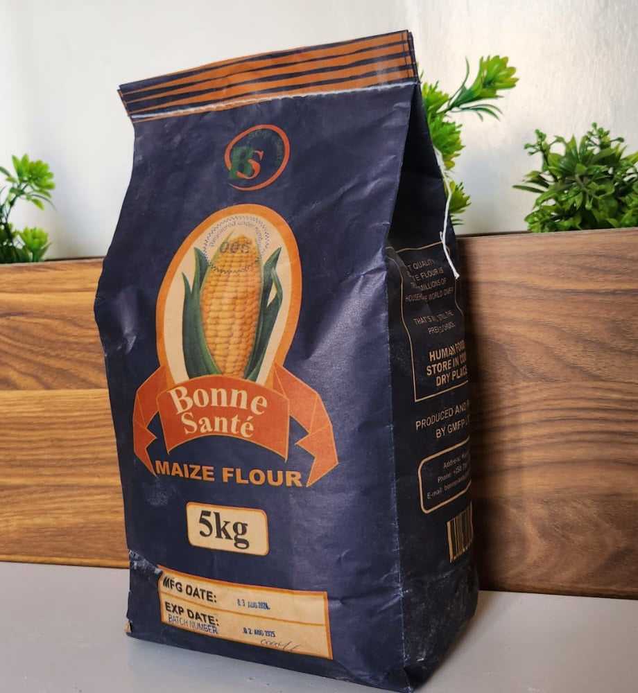 Bonne Sante maize flour 5kg bag, blue with label and corn graphic