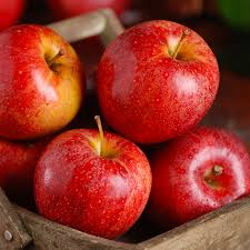 Red apples with speckled skin, stems attached, piled in a bowl