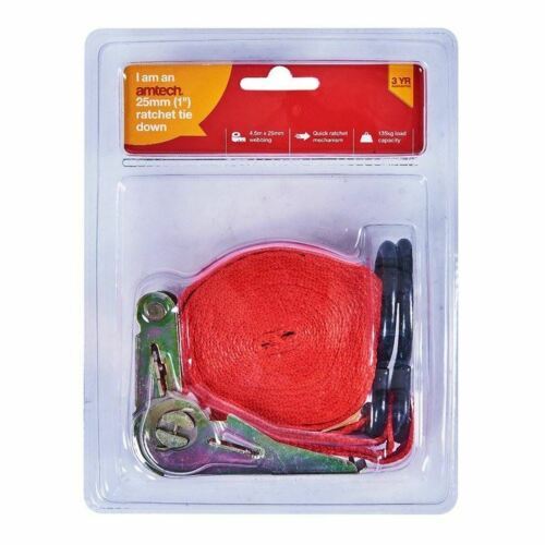 Red ratchet tie-down with woven strap, metal ratchet, and end hooks in boxed set