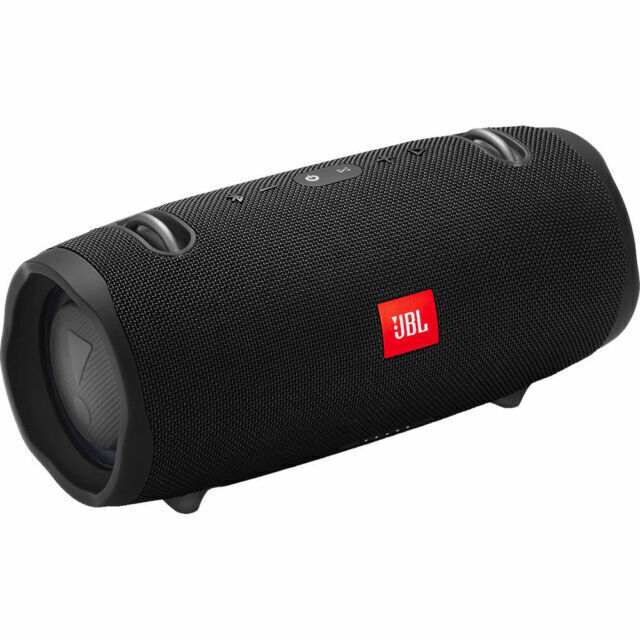 Black portable Bluetooth speaker with JBL logo and grille, two end speakers