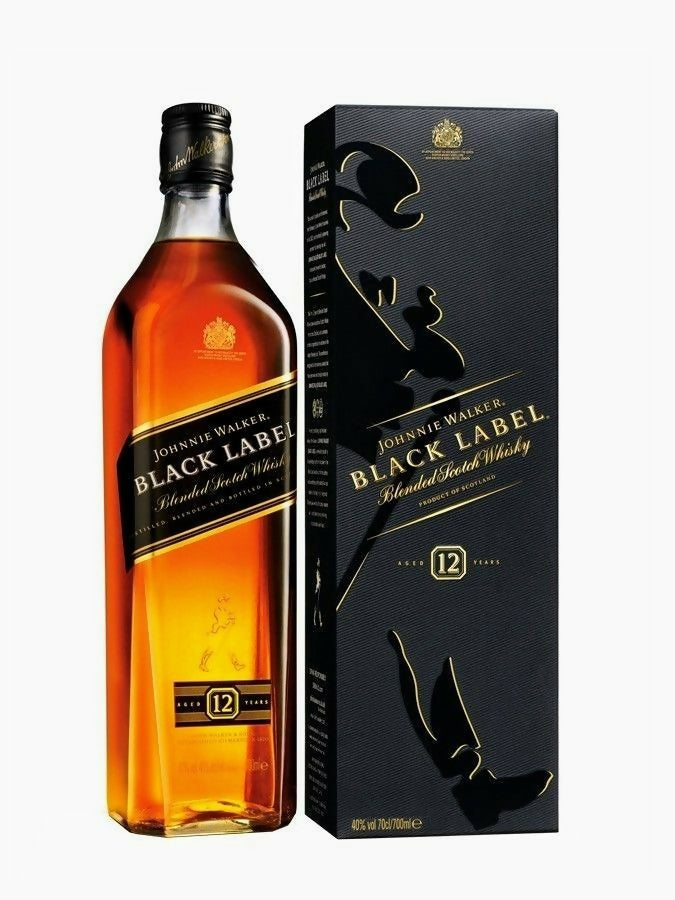 Black Label blended Scotch whisky bottle with 12-year box, dark amber glass