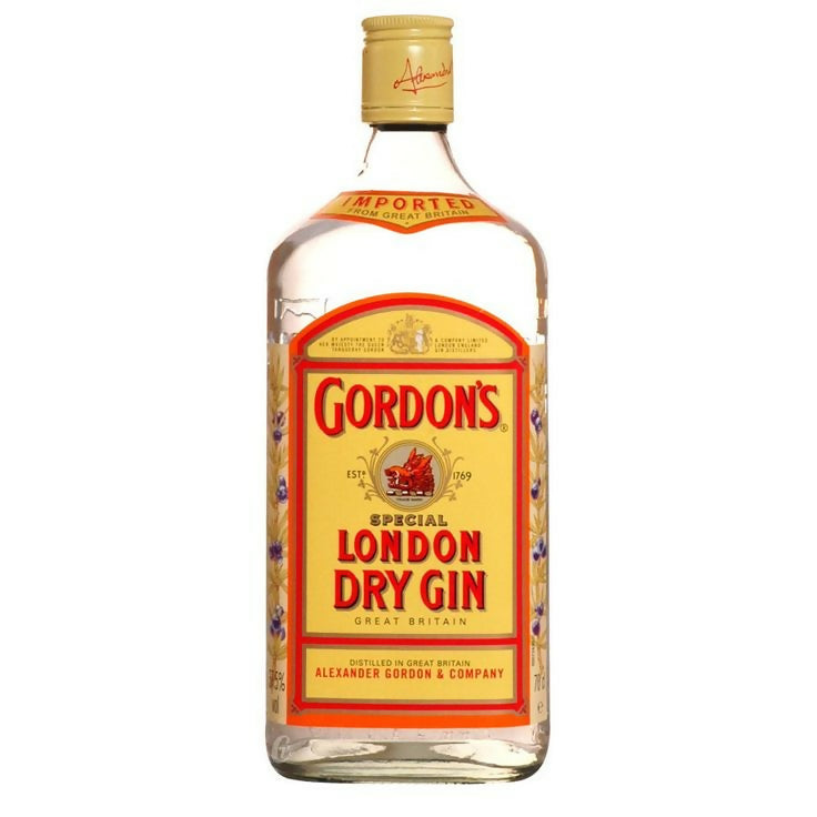 Gordon's London Dry Gin bottle, clear glass with gold cap and label