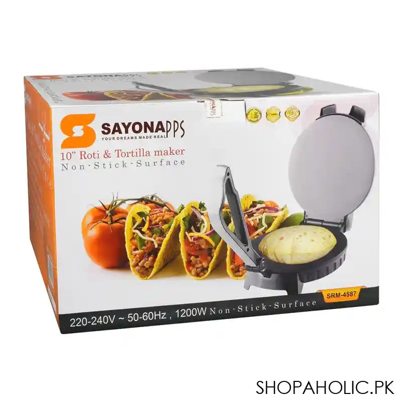 Sayona roti & tortilla maker retail box, non-stick 10-inch surface