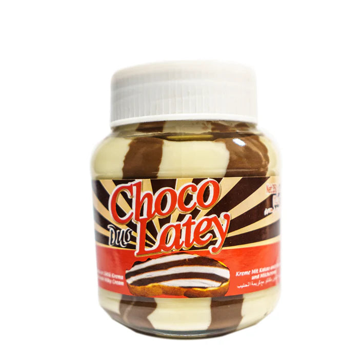 Choco Latey hazelnut chocolate spread jar, cream and brown label with white lid