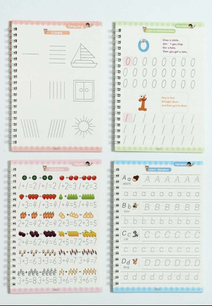 Open practice copybook pages with numbers, shapes, and alphabet handwriting exercises