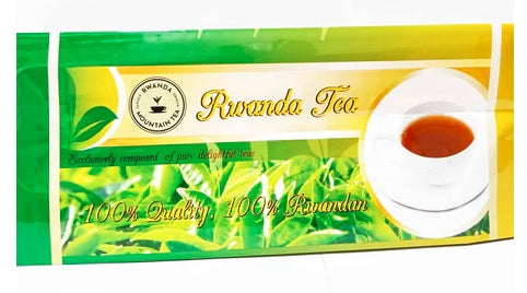Rwanda tea sachet pack, green and yellow with cup graphic and Rwanda Tea label