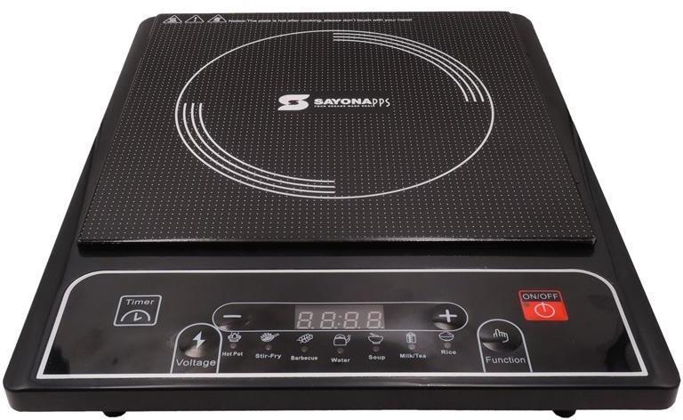 Black induction cooker with touch control panel, red power indicator, flat ceramic glass top