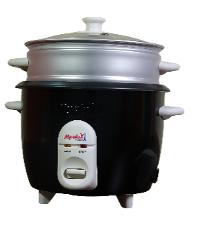 Black rice cooker with stainless lid and front control panel, model MRC-184