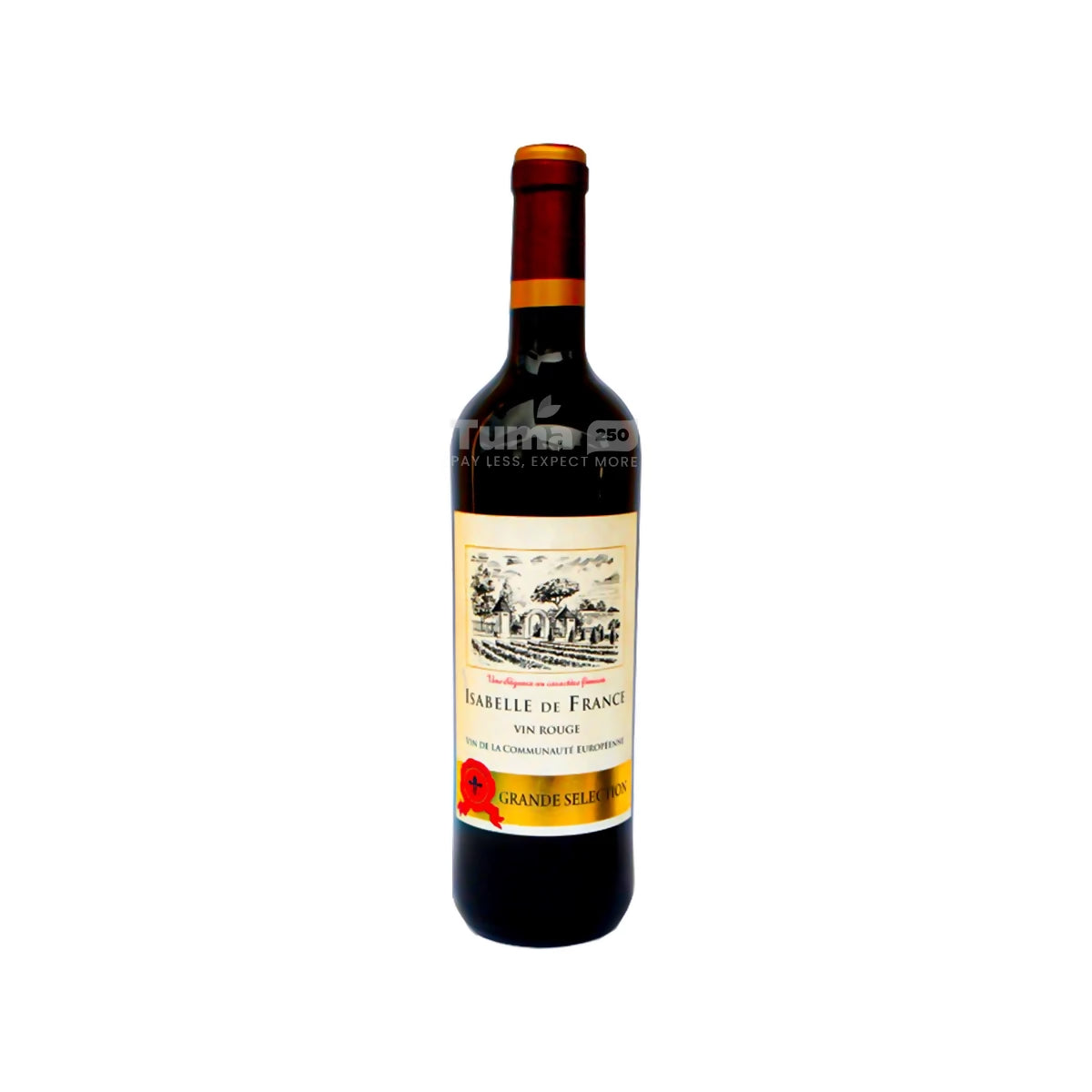 Isabelle de France red wine bottle with foil-wrapped cork and front label