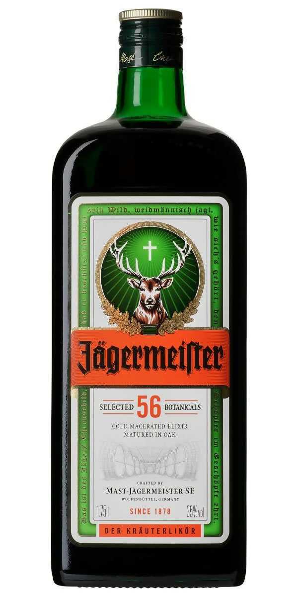 Jagermeister herbal liqueur bottle with green label and deer emblem on front