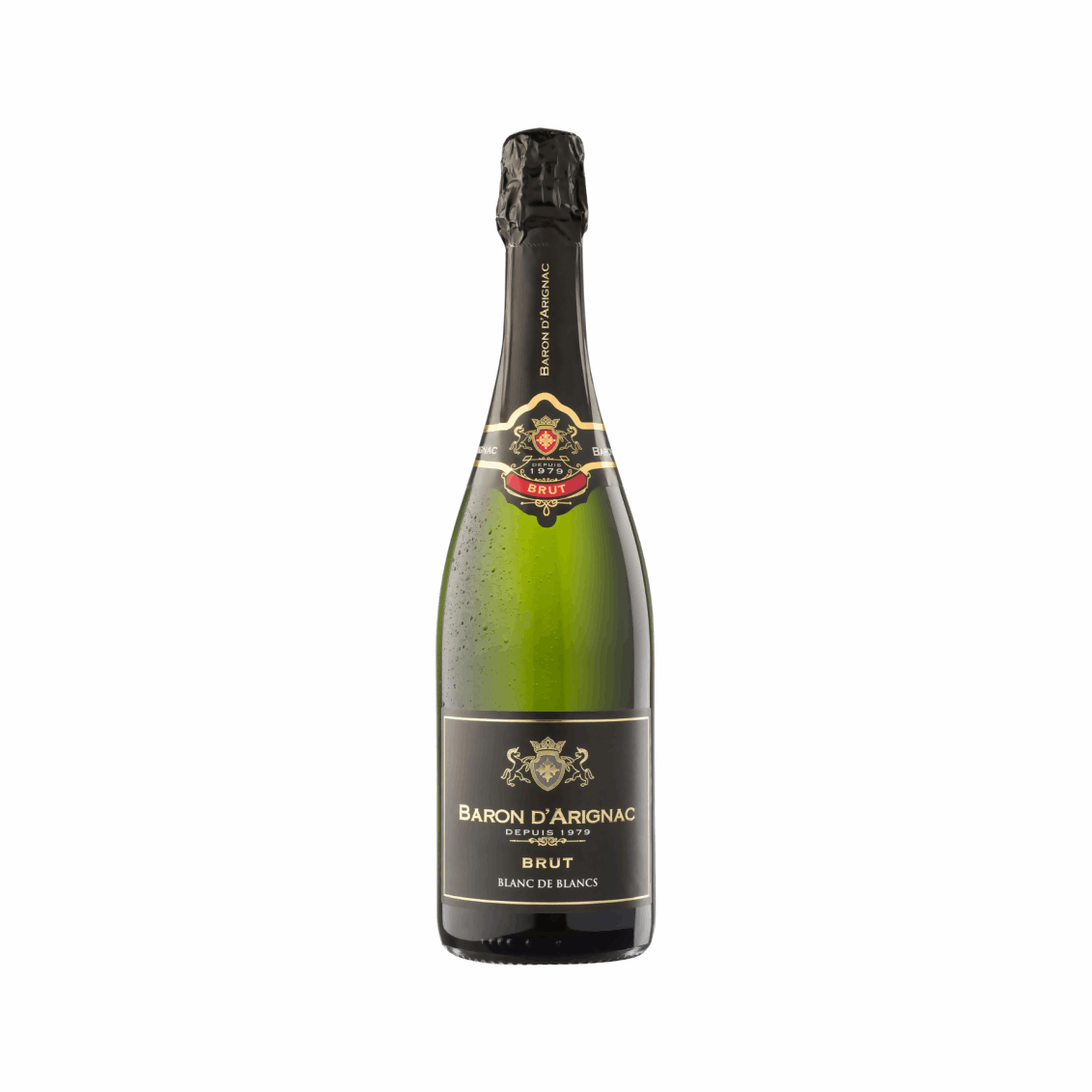 Sparkling wine bottle with Baron d'arignac Brut BRUT label